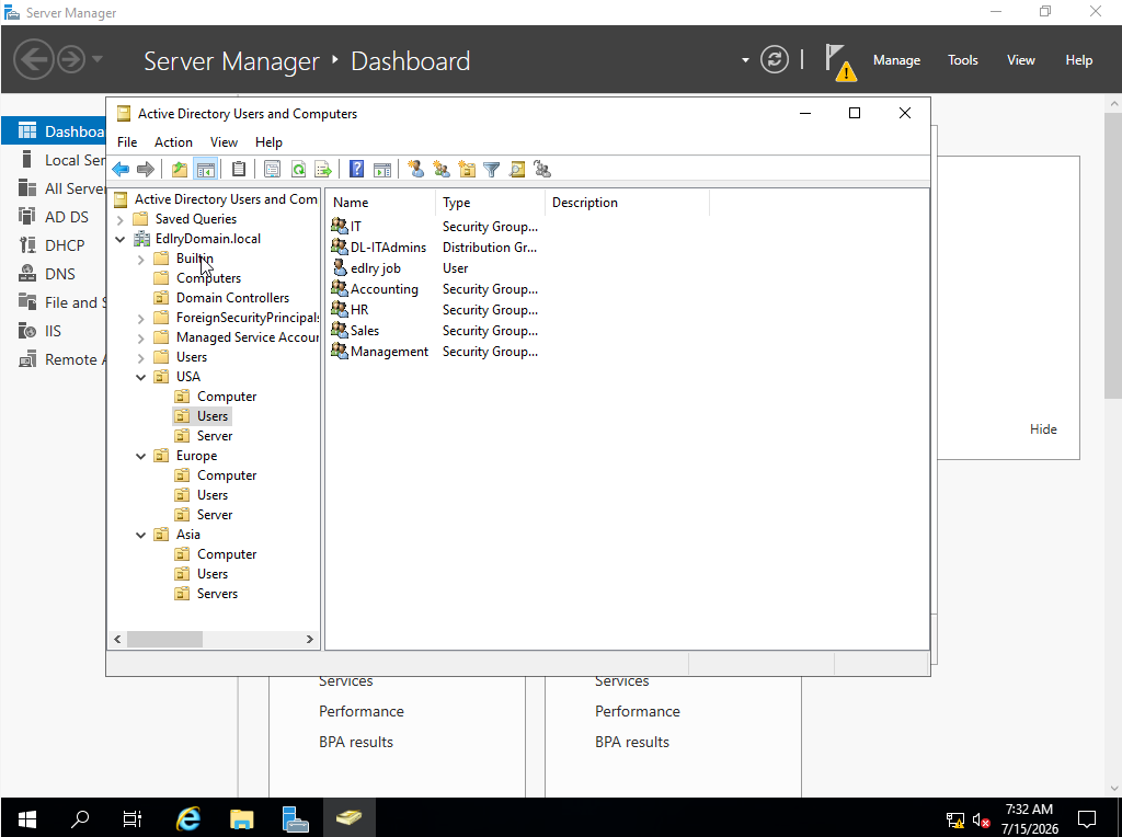 Completed Active Directory structure with groups and users